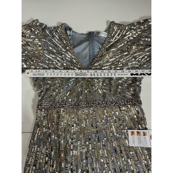 Mac Duggal Gown Silver Beaded Sequin‎ Dress Flutter Sleeves Size 8 NEW - Picture 11 of 12